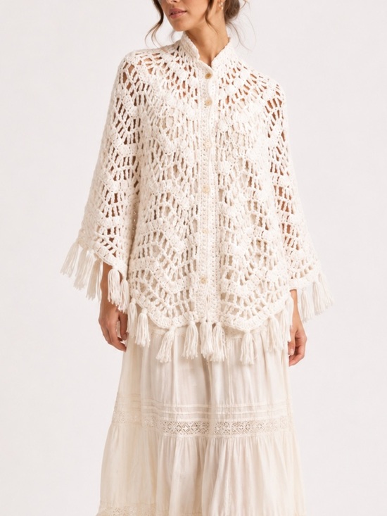 no brand Sweaters - Boho Hand-Crocheted Fringe Shawl Cardigan | Open Knit Poncho | One Size